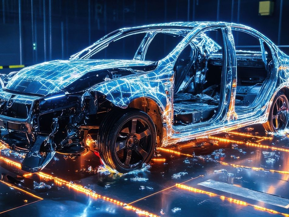 Digital 3D wireframe mesh overlaid on a damaged test vehicle for AI-augmented crash testing and virtual simulation.