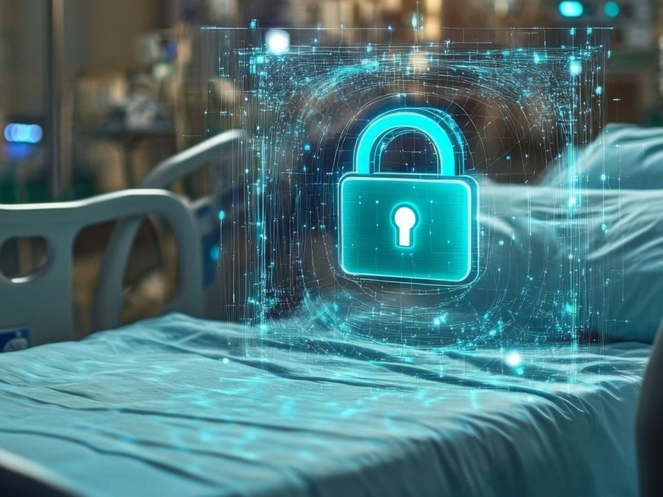 Hospital bed with a glowing digital padlock symbol representing IT security and cyber resilience in healthcare.