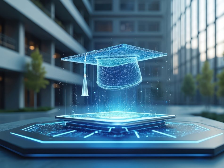 Glowing blue hologram of a graduation cap hovering above a digital tablet, representing digital education and e-learning.