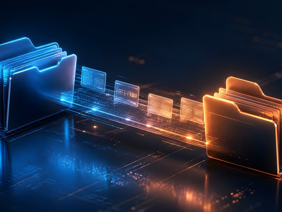 Futuristic 3D representation of data transfer between a glowing blue and an orange-gold file folder via holographic data panels. Data synchronization.