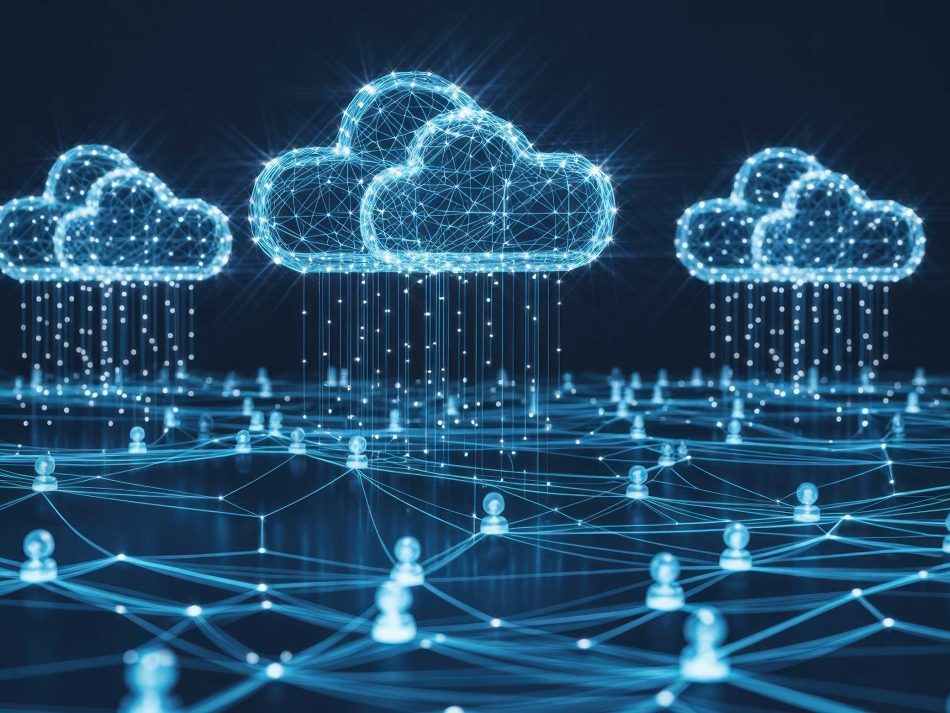 Digitale Cloud-Architektur: Leuchtende Datenwolken, die Informationen in ein weitreichendes, vernetztes System aus Knotenpunkten einspeisen.