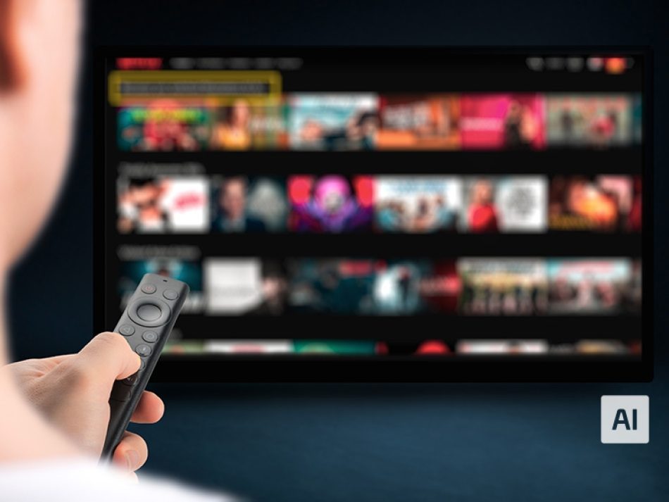 Eine Person hält eine Fernsehfernbedienung und navigiert durch die Benutzeroberfläche eines Streaming-Dienstes auf dem Fernseher.