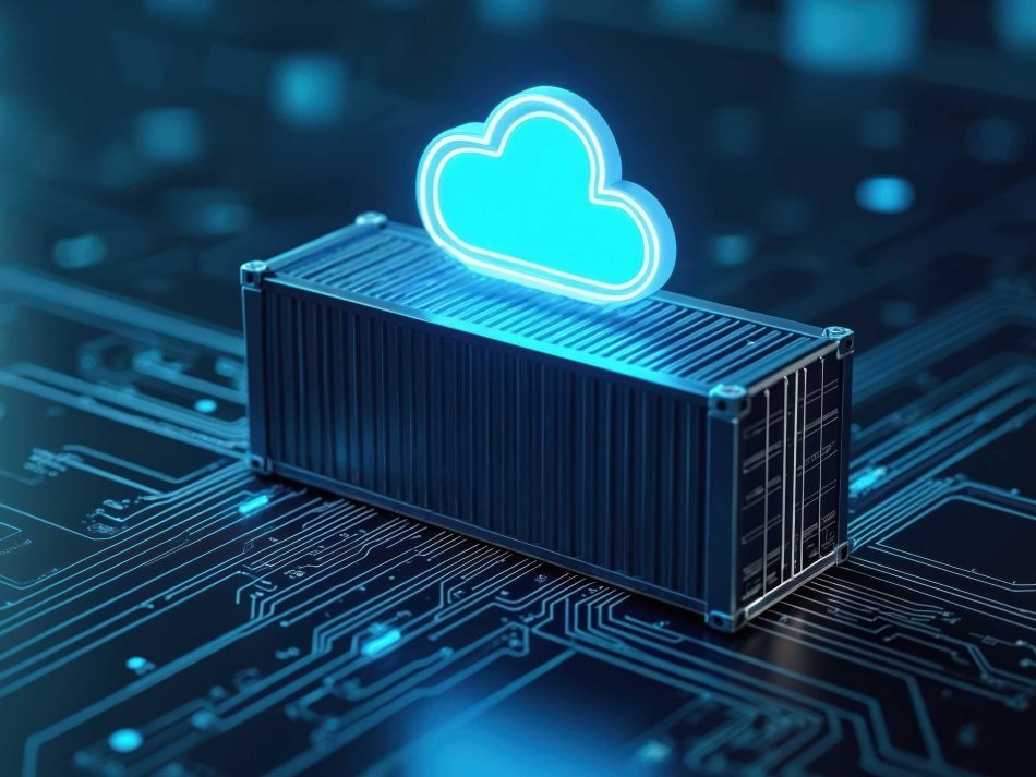 Cloud container technology: A model shipping container with a glowing cloud icon resting on a digital circuit board.