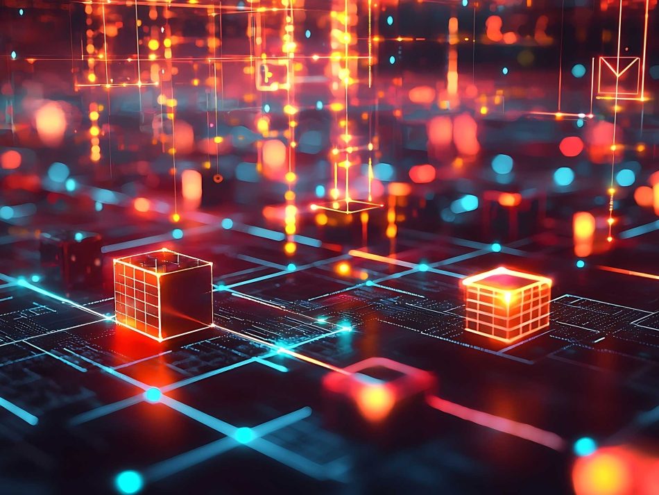 Abstrakte 3D-Visualisierung leuchtender Würfel in einem digitalen Netzwerk, die IT-Bausteine oder eine modulare Softwarearchitektur symbolisieren.