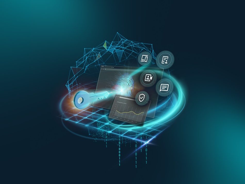 The image shows a large, glowing digital key in turquoise pointed at a laptop screen, symbolizing secure access. A fingerprint and abstract charts are visible on the screen. Icons for documents, video calls, messages, and security shields dynamically orbit around the laptop against a dark blue background.