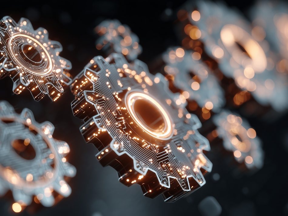 Futuristic technological gears with integrated, glowing digital circuits emitting warm light, arranged in a row with a shallow depth of field and a bokeh background.