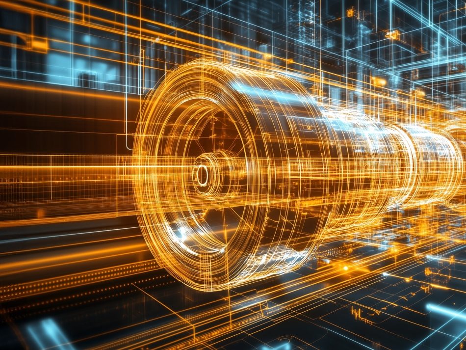 Langgezogene Turbine als digitaler Matrix-Zeichnung in Orange, das Innere einer modernen Produktionshalle, Querformat