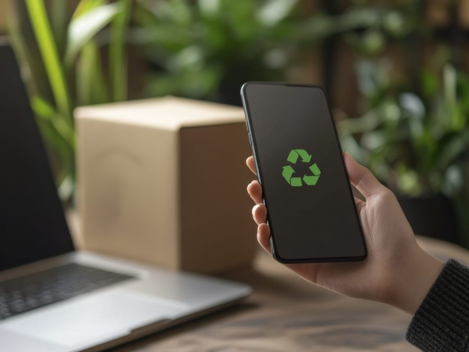 A person holds a black smartphone in their hand, displaying a green recycling symbol on its screen. In the blurred background, an open laptop, a brown cardboard box, and green houseplants are visible. The image symbolizes digital sustainability, e-waste management, environmentally conscious technology, or circular economy in e-commerce.