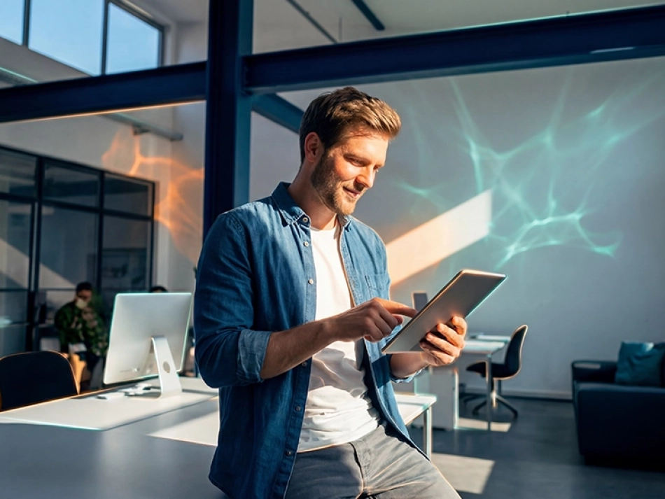 Ein lächelnder Mann in einem blauen Hemd steht in einem hellen, modernen Büro und bedient ein Tablet, während Lichtreflexionen im Hintergrund eine dynamische Atmosphäre schaffen.