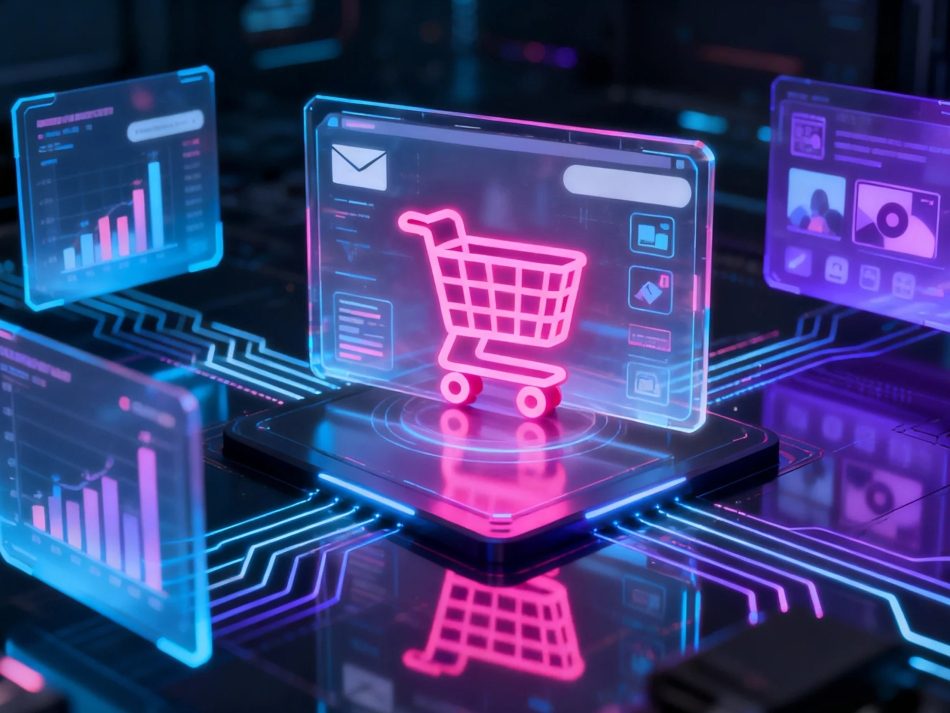 Glowing neon pink shopping cart on a circuit board flanked by futuristic e-commerce analytics dashboards.