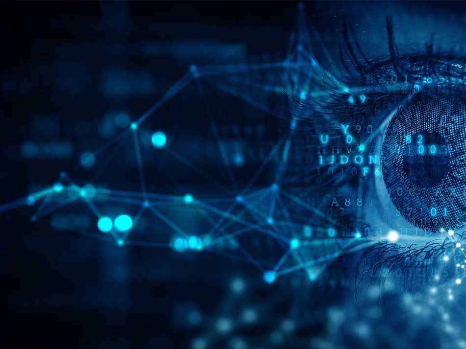 Nahaufnahme eines Auges mit digitalen Netzwerklinien, das Datentransparenz, Observability und IT-Monitoring symbolisiert.