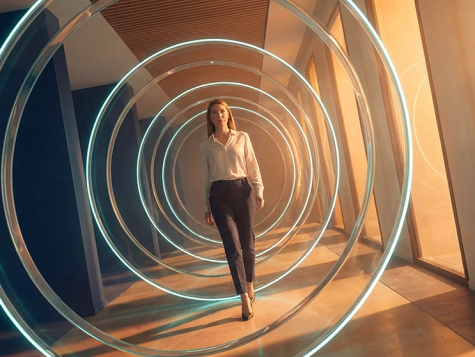 Eine Frau geht durch einen futuristischen Korridor, der von mehreren leuchtenden, kreisförmigen Lichtringen eingerahmt wird – Symbol für Innovation und Fortschritt.