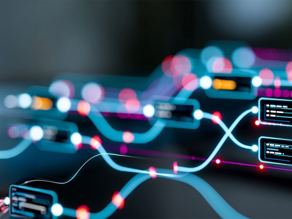 Abstract graphic of streaming data, ETL pipelines, and connected nodes in a cloud infrastructure.