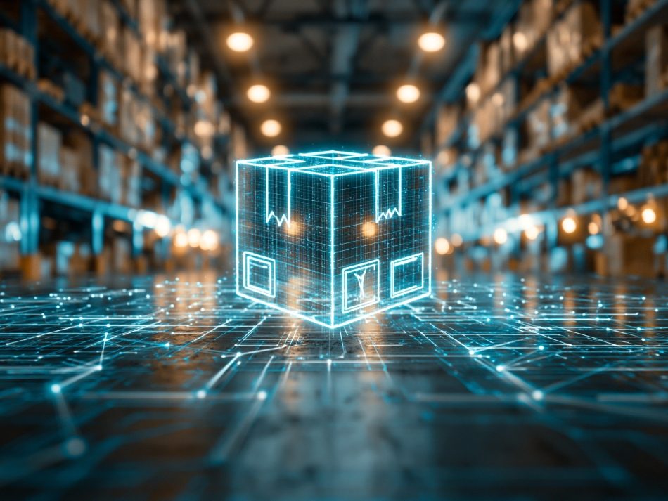 Modern high-bay warehouse logistics, featuring a glowing digital twin package and data network on the floor symbolizing supply chain connectivity and smart logistics.