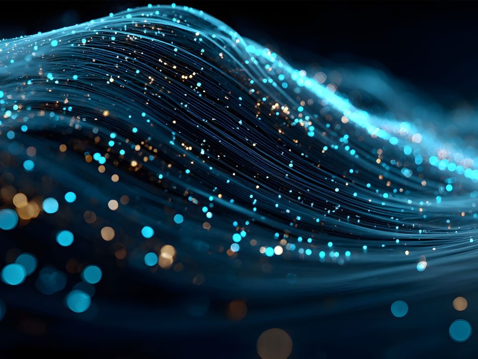 Abstract visualization of flowing blue data streams and light particles for digital simulations and data analysis.