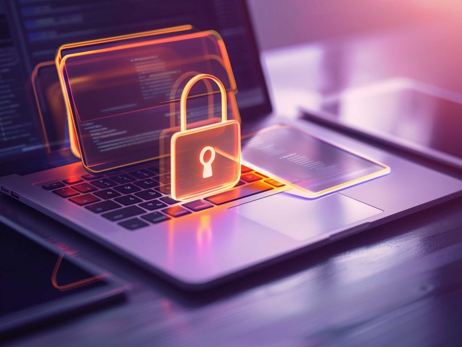 IT security and sovereign data protection: A laptop displaying a glowing padlock symbol and digital dashboards.