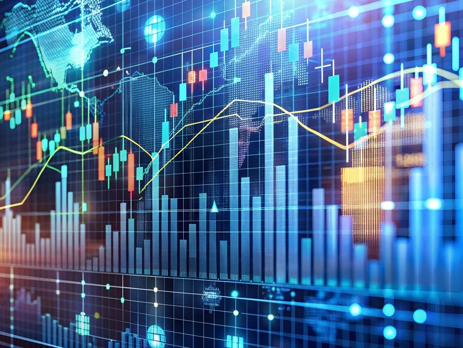 Digital data analysis visualization featuring stock charts, candlestick patterns, and bar graphs on a glowing blue financial dashboard.