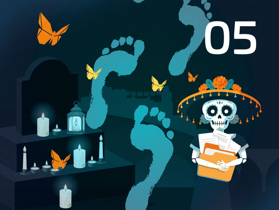 Illustrative representation of data retention and document management; a skeleton figure holding a file folder next to candles and footprints against a dark background.