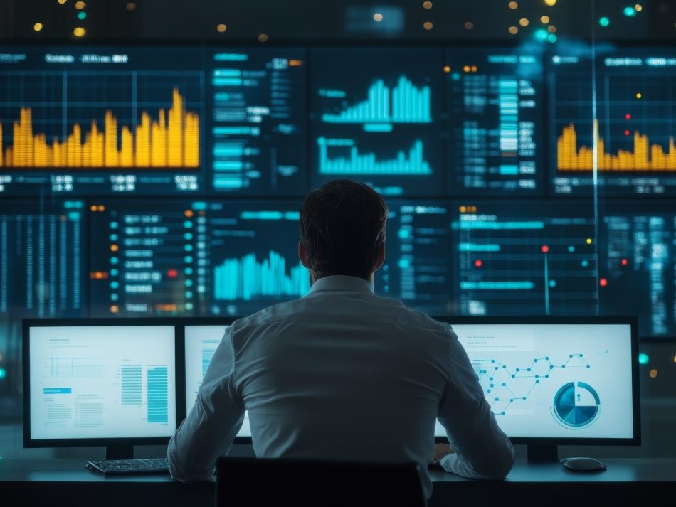 Rückansicht eines Mannes vor einer Wand aus großen Monitoren, die Finanzdaten, Diagramme und komplexe Analysen in leuchtendem Blau und Orange darstellen. Symbolisiert Big Data Analyse und Echtzeit-Monitoring.