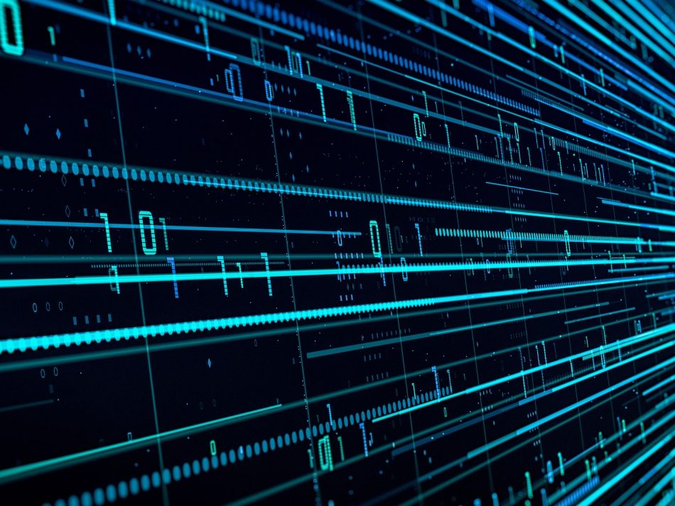 Visualization of flowing digital data streams and binary code for modern IoT and sensor data management.