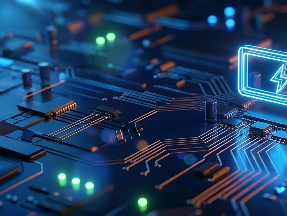 Circuit board with a glowing blue battery icon representing digital energy simulation.