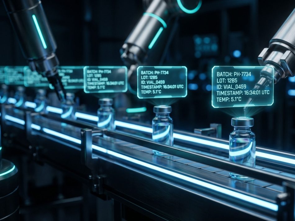 Robotic arms at a pharmaceutical vial bottling line with digital batch tracking data – compliant operations and supply chain monitoring.