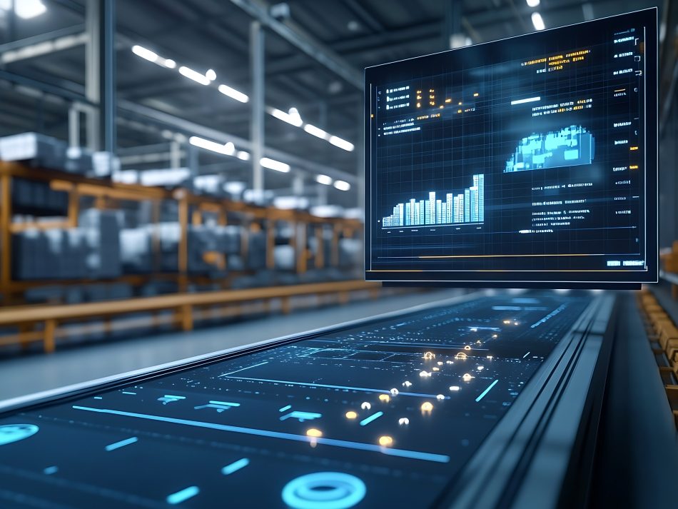 Hochmodernes, automatisiertes Lager-Bedienpult mit transparentem Datenvisualisierungs-Bildschirm, das ein Förderband-System in einem Logistikzentrum steuert.