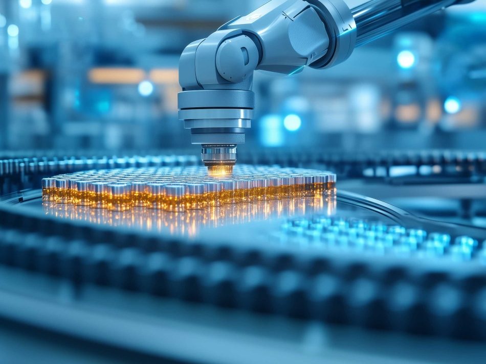 A precision robotic arm working on an array of amber glass vials on a conveyor line in an automated industrial facility.