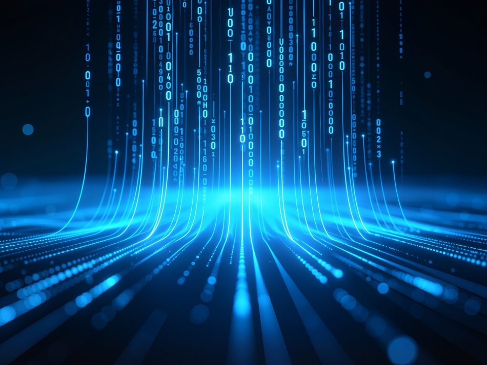 Abstrakte Darstellung eines leuchtend blauen Datenstroms mit herabfließendem Binärcode aus Nullen und Einsen.