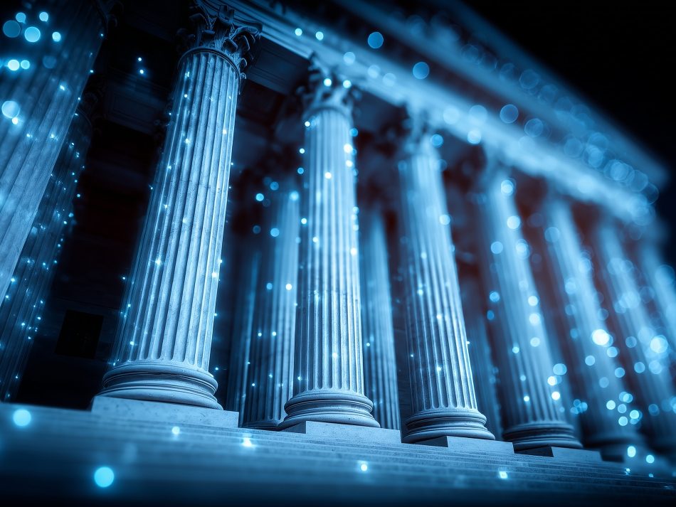 Classical columns in blue digital light with sparkling light particles.