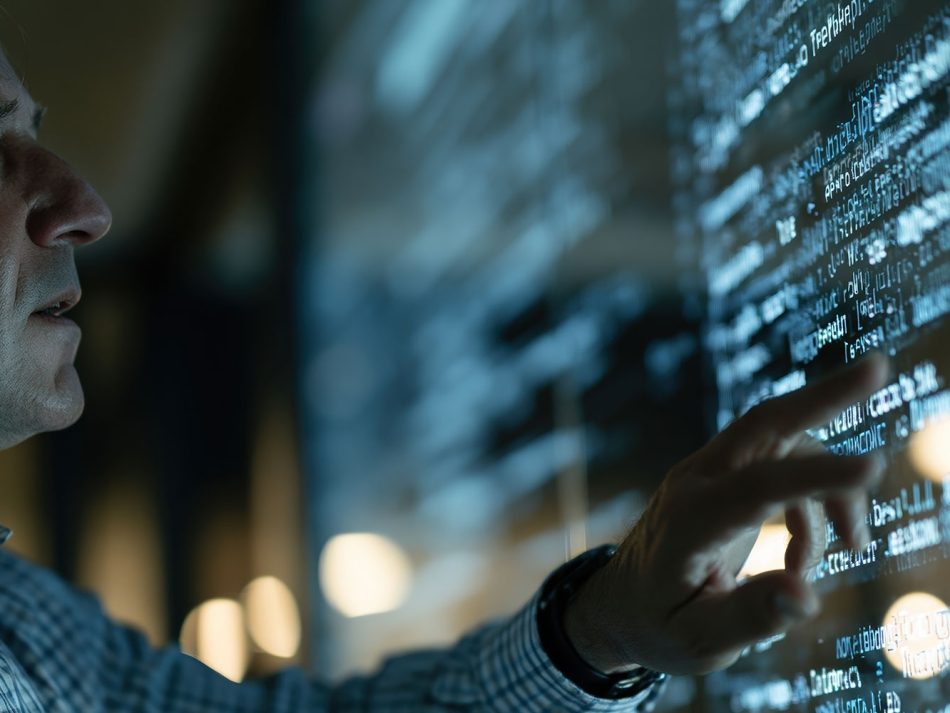Developer interacting with a transparent glass display showing glowing digital code.