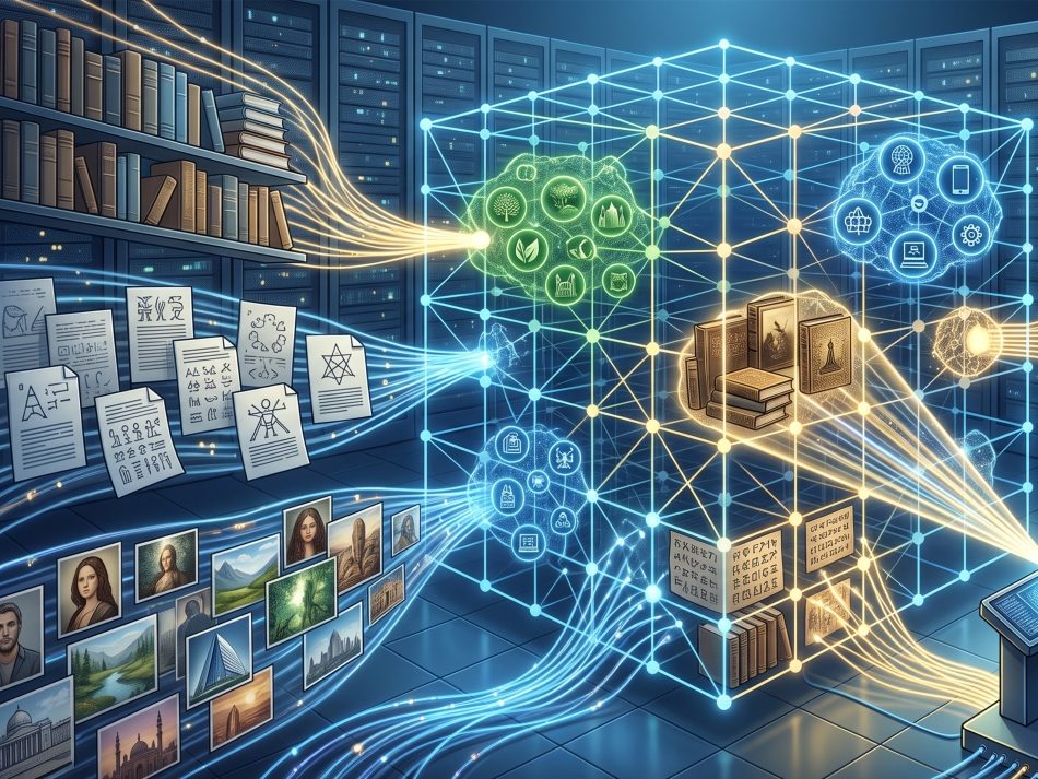 An illustrative scene showing a central, glowing cube connected to various data sources like books, documents, and images in a dark server room, while a man operates a console, representing machine learning and knowledge integration.