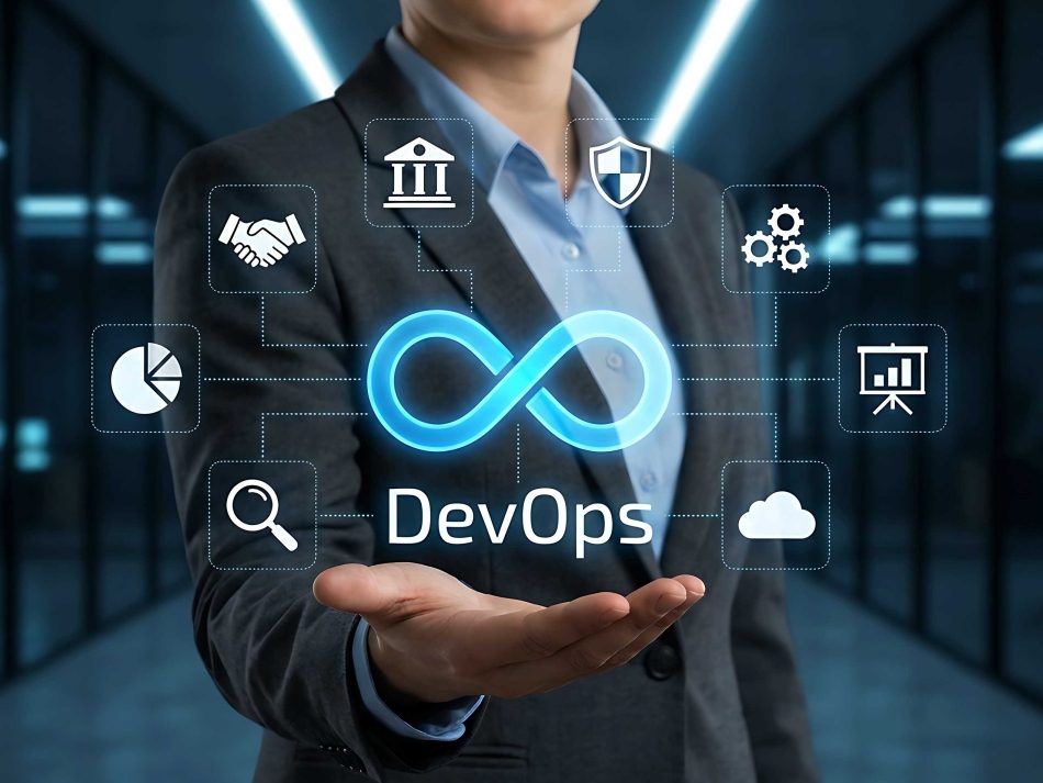 DevOps integration in enterprise IT: Person in a suit presenting a glowing infinity symbol connected to cloud and security icons.