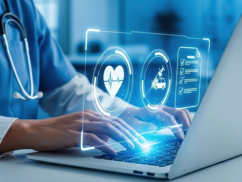 Person in medical scrubs typing on a laptop with glowing blue holographic healthcare icons.