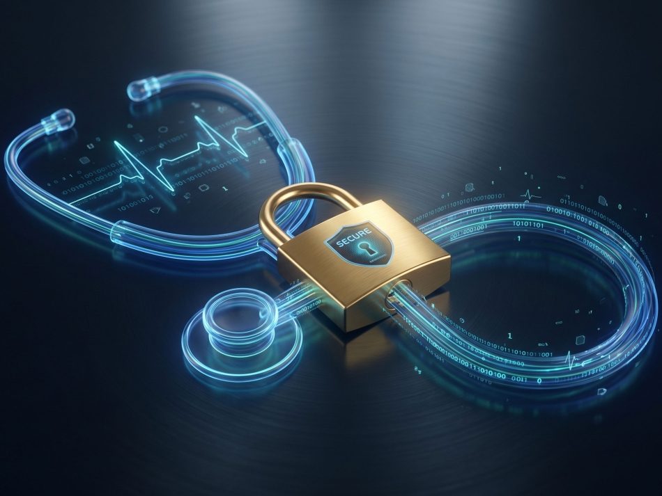 Digital stethoscope secured with a padlock symbolizing healthcare data encryption, secure electronic medical records, and e-health data privacy.