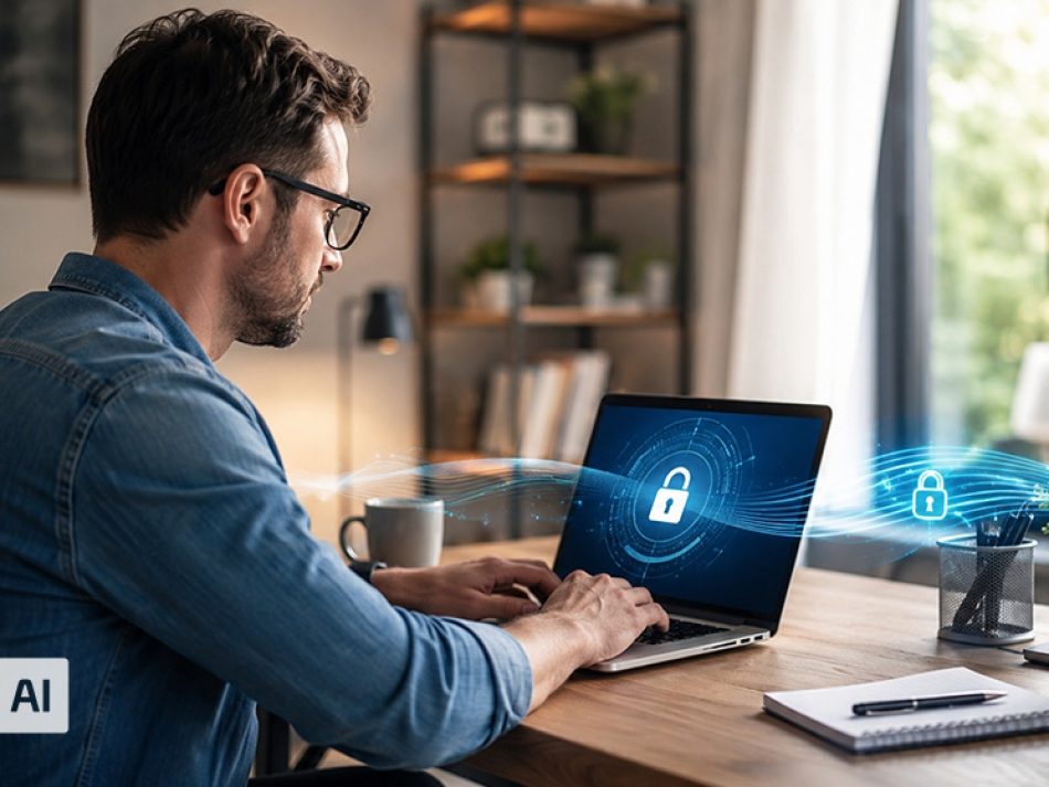 Ein Mann mit Brille arbeitet an einem Laptop im Homeoffice, während ein leuchtendes holografisches Vorhängeschloss-Symbol projiziert wird.