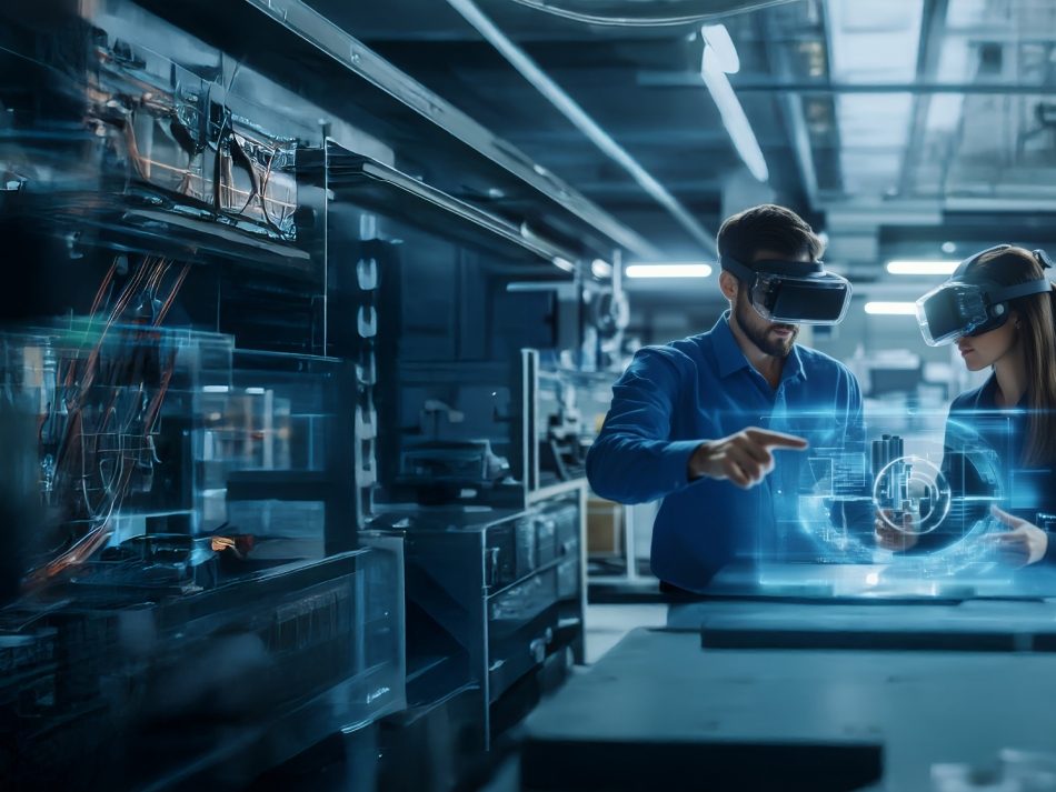 VR-Zusammenarbeit: Eine futuristische Vision von Innovation mit einem Mann und einer Frau, die VR-Headsets tragen und mit einem holografischen 3D-Modell in einer modernen Industrieumgebung interagieren. Das Bild verkörpert hochmoderne