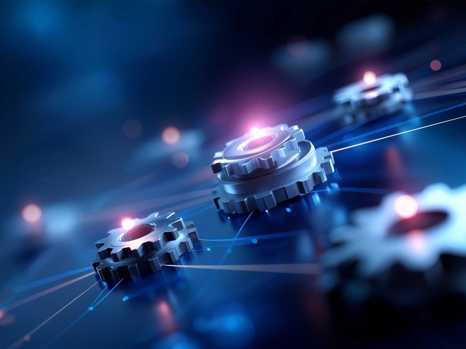 3D visualization of platform integration showing metallic gears connected by glowing digital lines on a dark blue background.