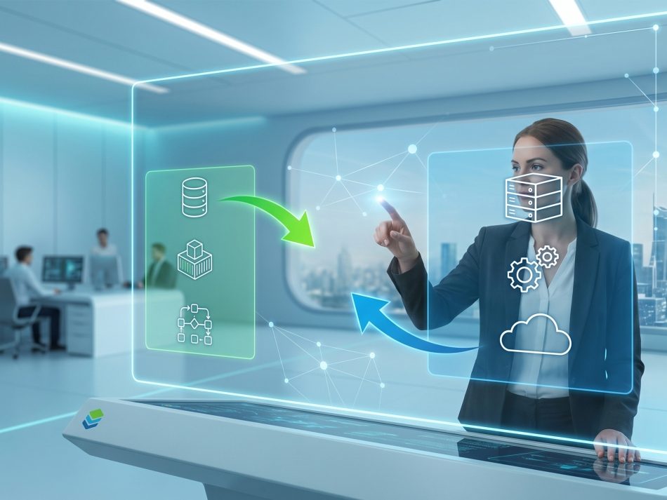 Eine IT-Managerin interagiert mit einer holografischen Benutzeroberfläche zur Steuerung von Cloud-Infrastruktur, Datenbanken und Server-Prozessen in einem modernen Kontrollraum.