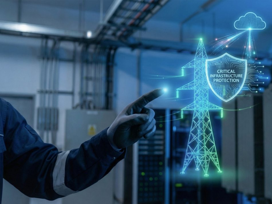 A gloved hand points at a critical infrastructure protection hologram in a data center.