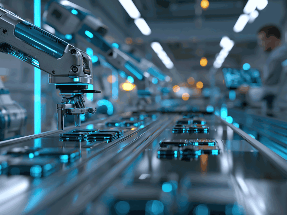 Robotic arms assembling electronic components on an automated conveyor line in a high-tech facility.