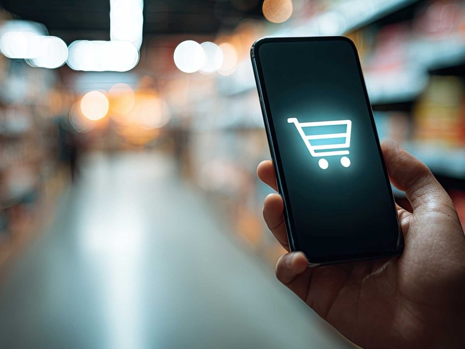 Hand holding a smartphone displaying a glowing shopping cart icon against a blurred supermarket background, symbolizing the integration of retail and digital e-commerce.
