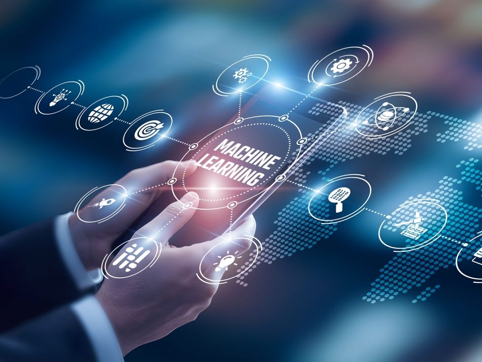 Mobile user interacting with a digital network featuring Machine Learning technology and data analytics icons.