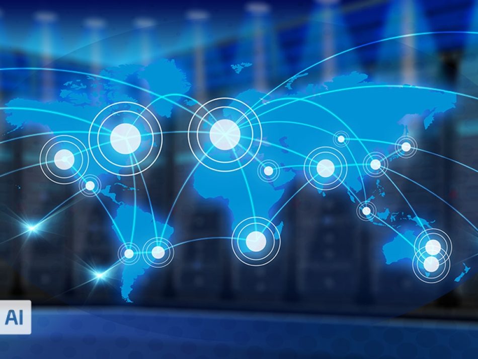 Eine stilisierte blaue Weltkarte mit einem Netzwerk aus Kreisen und Linien, das globale Datenverbindungen darstellt.