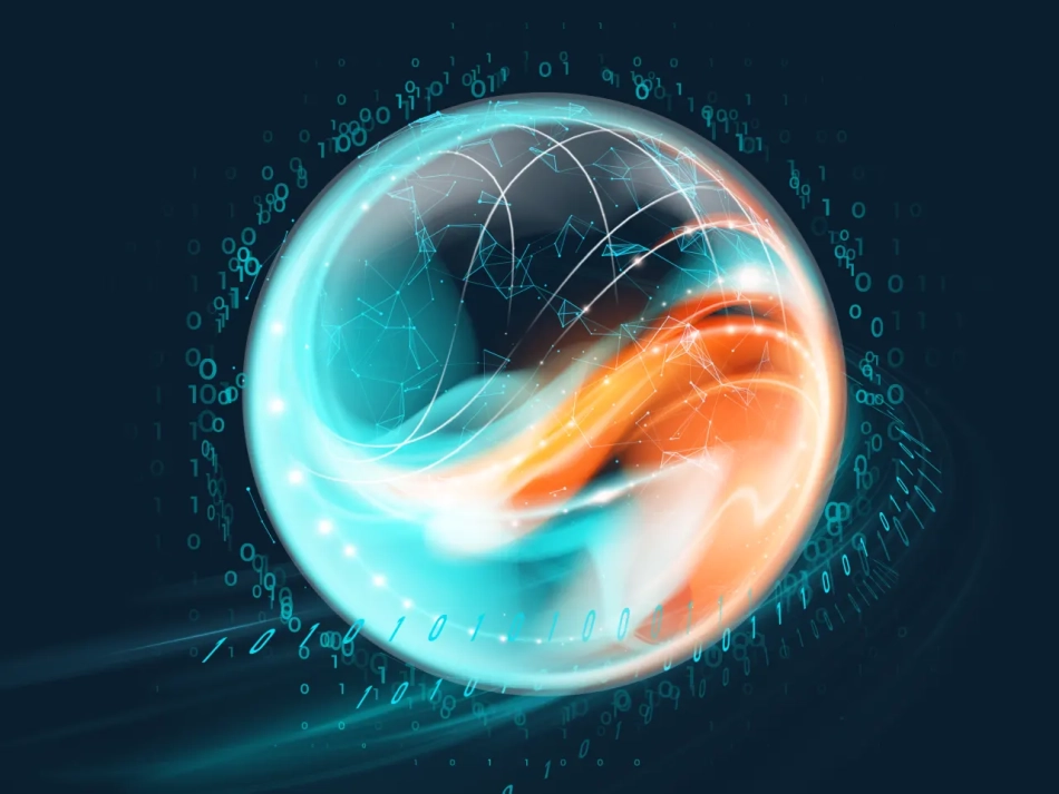 Eine leuchtende, dynamische Sphäre mit ineinanderfließenden Datenströmen und Binärcode symbolisiert das souveräne Data & AI Portfolio von Schwarz Digits, angetrieben durch Aleph Alpha und den DataHub Europe.