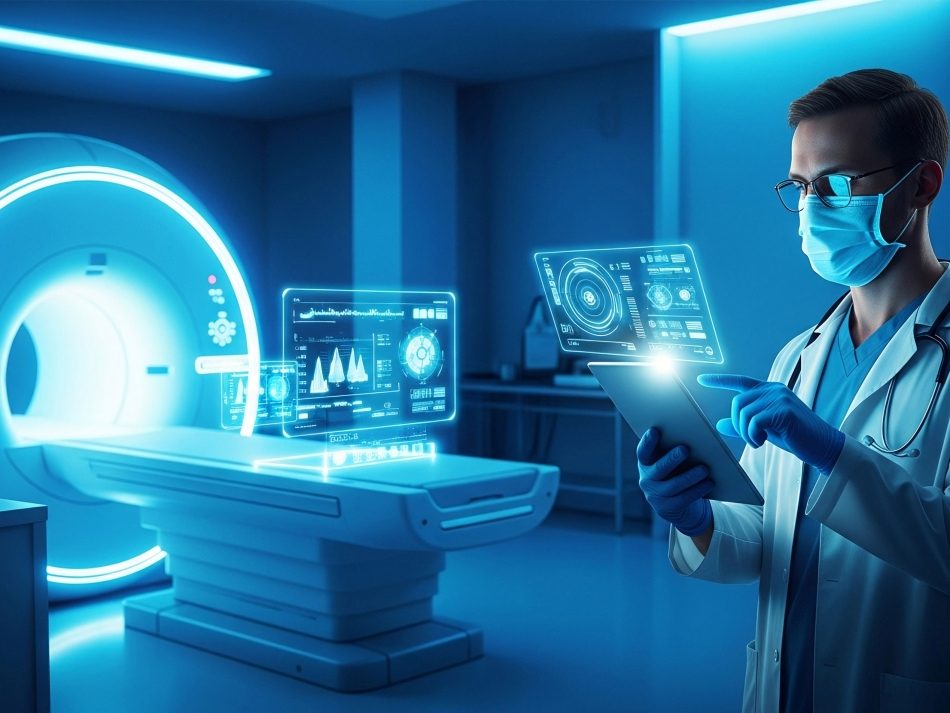 Ein Arzt mit Schutzmaske, Brille und Handschuhen in einem modernen, futuristisch beleuchteten Behandlungsraum. Er hält ein Tablet und interagiert mit zwei leuchtenden, holografischen Bildschirmen, die medizinische Daten, Diagramme und Scans anzeigen. Im Hintergrund ist ein leuchtendes, blaues MRT- oder CT-Gerät zu sehen. Das Bild symbolisiert Medizintechnik und digitale Gesundheitsdaten.