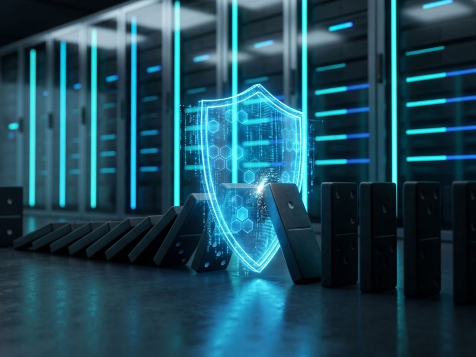 Digital cybersecurity shield stopping falling dominoes in a data center – representing IT resilience, GxP compliance, and disaster recovery.