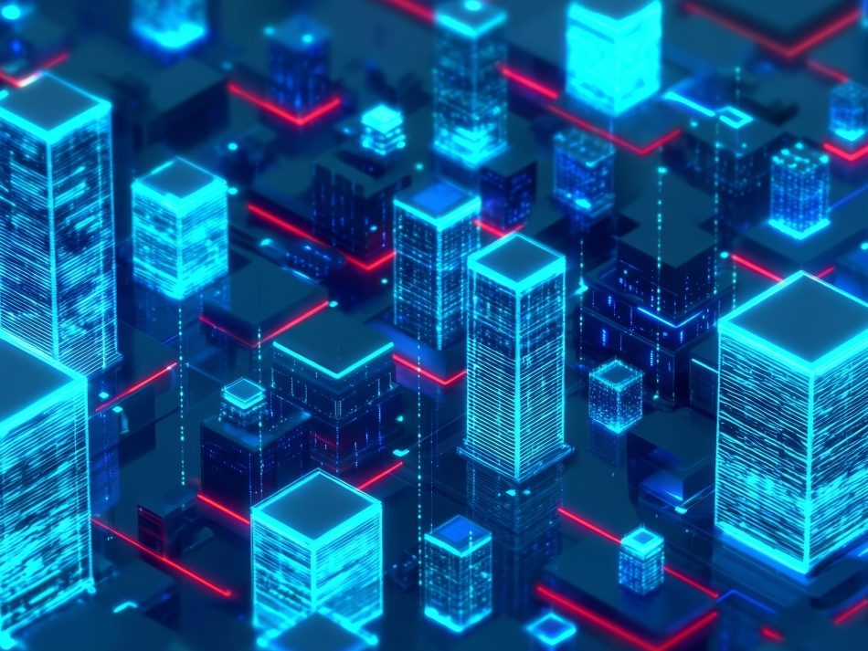 Digital representation of a cloud infrastructure with illuminated, networked data centers (towers) on a blue board, symbolic of big data and hyperscaler environments.