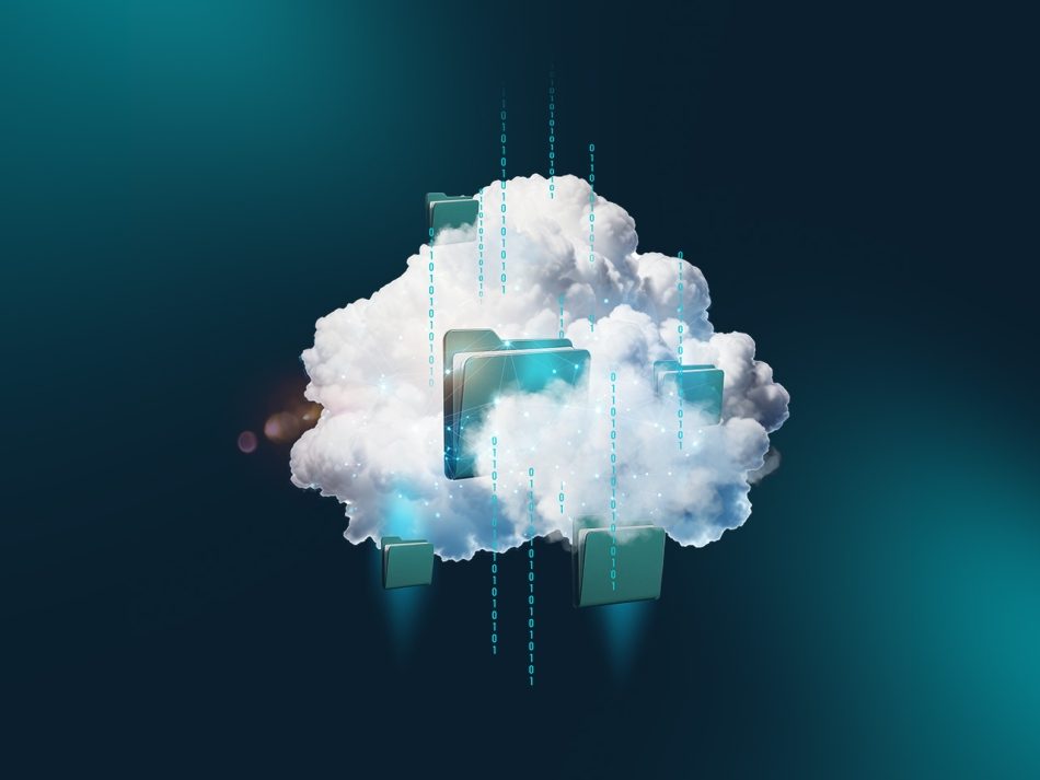 The image shows a realistic white cloud floating in the center of a dark blue background. Several turquoise file folders protrude from the cloud, appearing partially transparent and networked by fine connecting lines. The scene is traversed vertically by strands of blue zeros and ones, visualizing cloud computing and data transfer.
