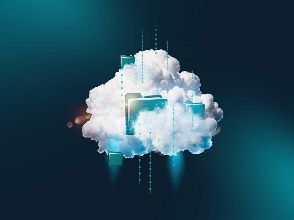 The image shows a realistic white cloud floating in the center of a dark blue background. Several turquoise file folders protrude from the cloud, appearing partially transparent and networked by fine connecting lines. The scene is traversed vertically by strands of blue zeros and ones, visualizing cloud computing and data transfer.